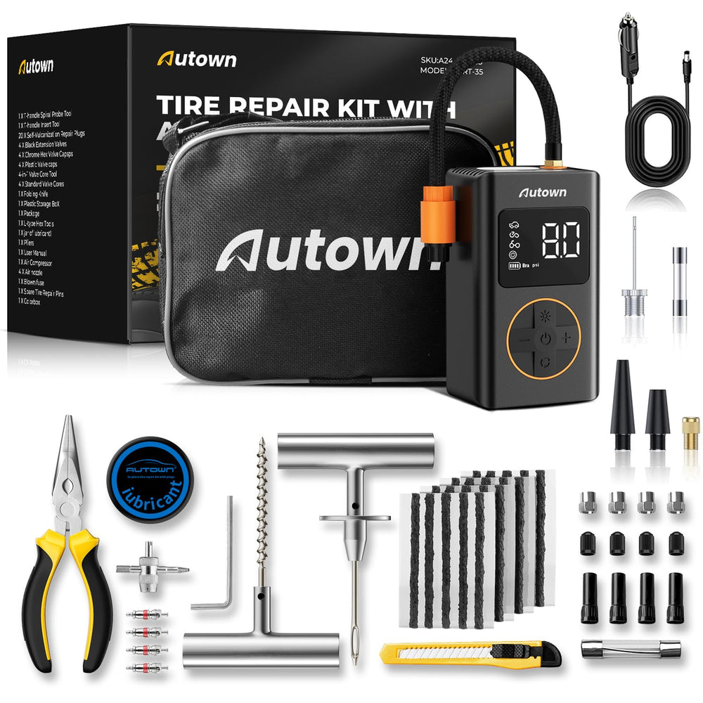 AUTOWN kit front packaging showing compact repair set and inflator benefit: ready roadside fixes