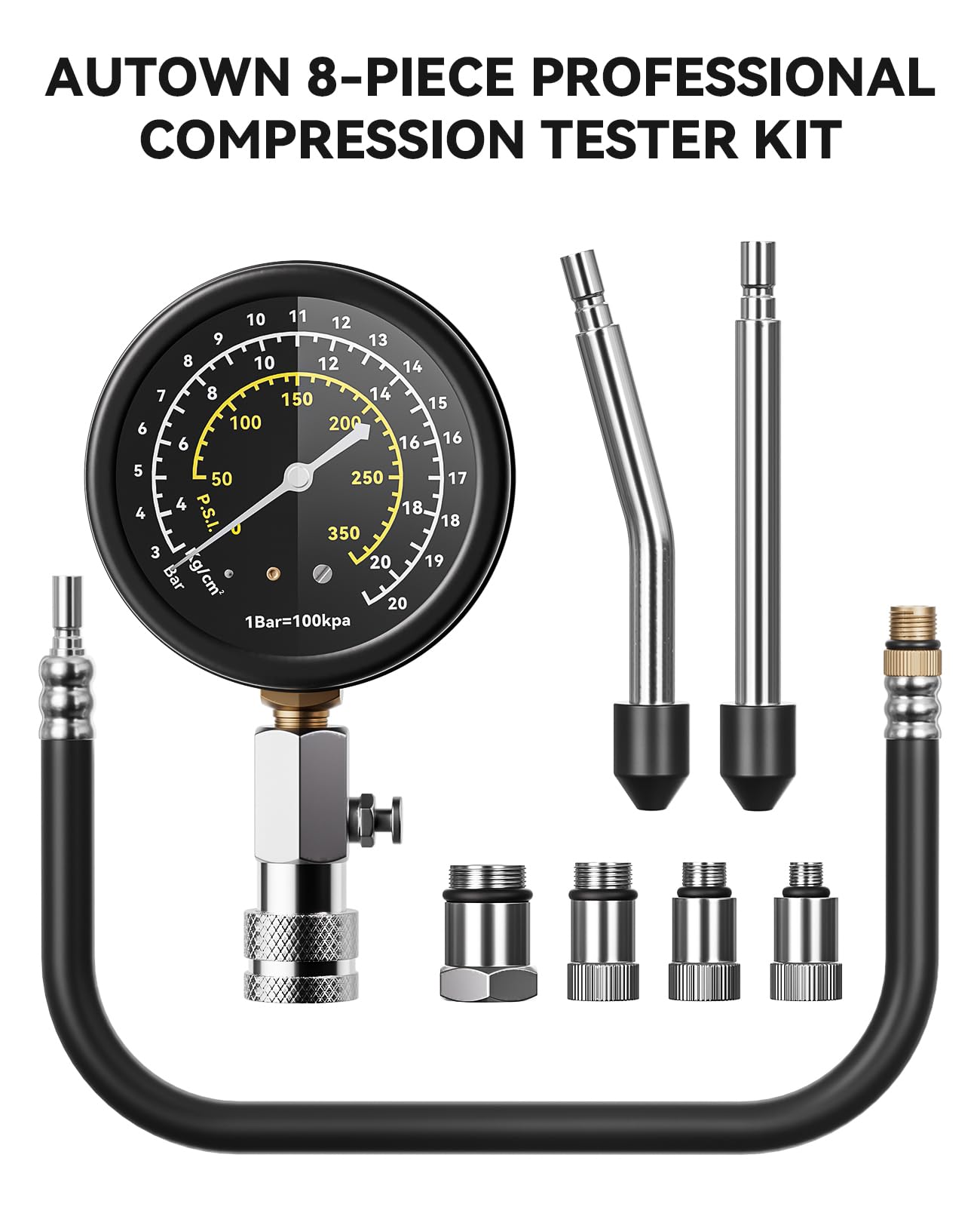 AUTOWN closeup of triple-scale 0–300 PSI gauge delivering clear readings