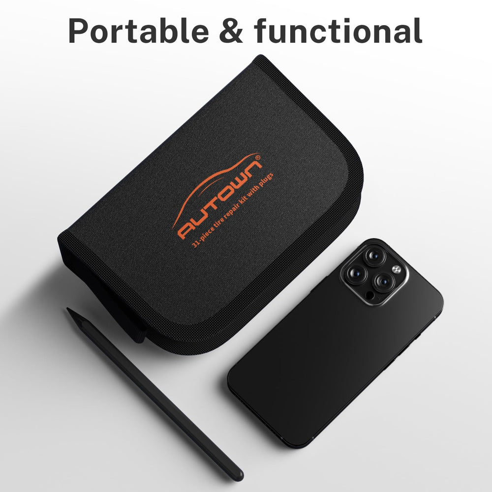 AUTOWN kit beside a ruler showing compact size for easy storage portability