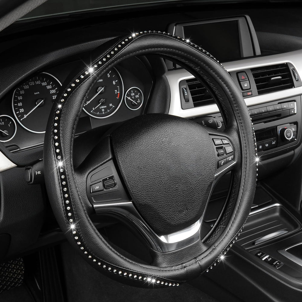 AUTOYOUTH front view of black rhinestone steering cover showing glamorous look and protection