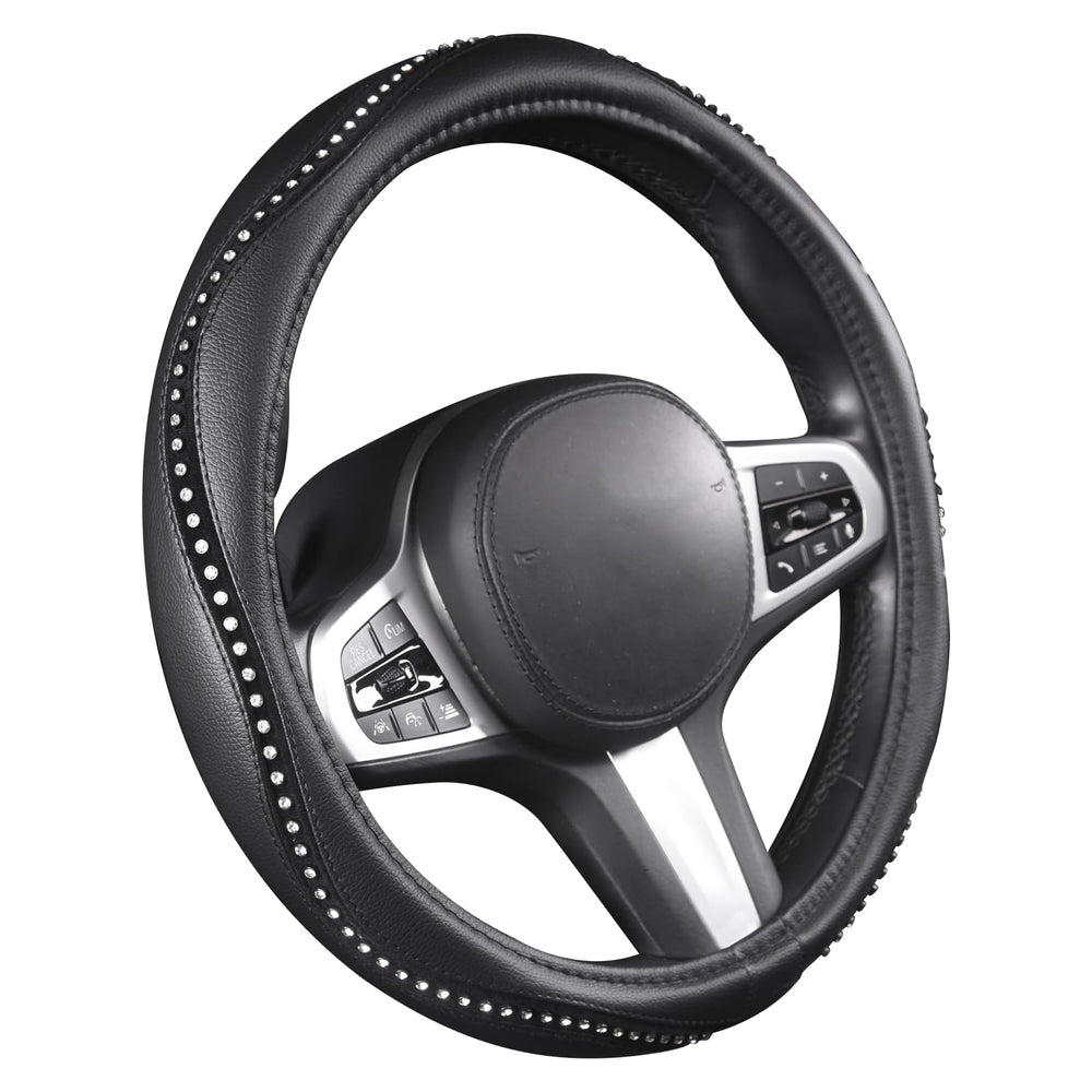 AUTOYOUTH lifestyle shot of woman driving showcasing glittering wheel cover and style upgrade