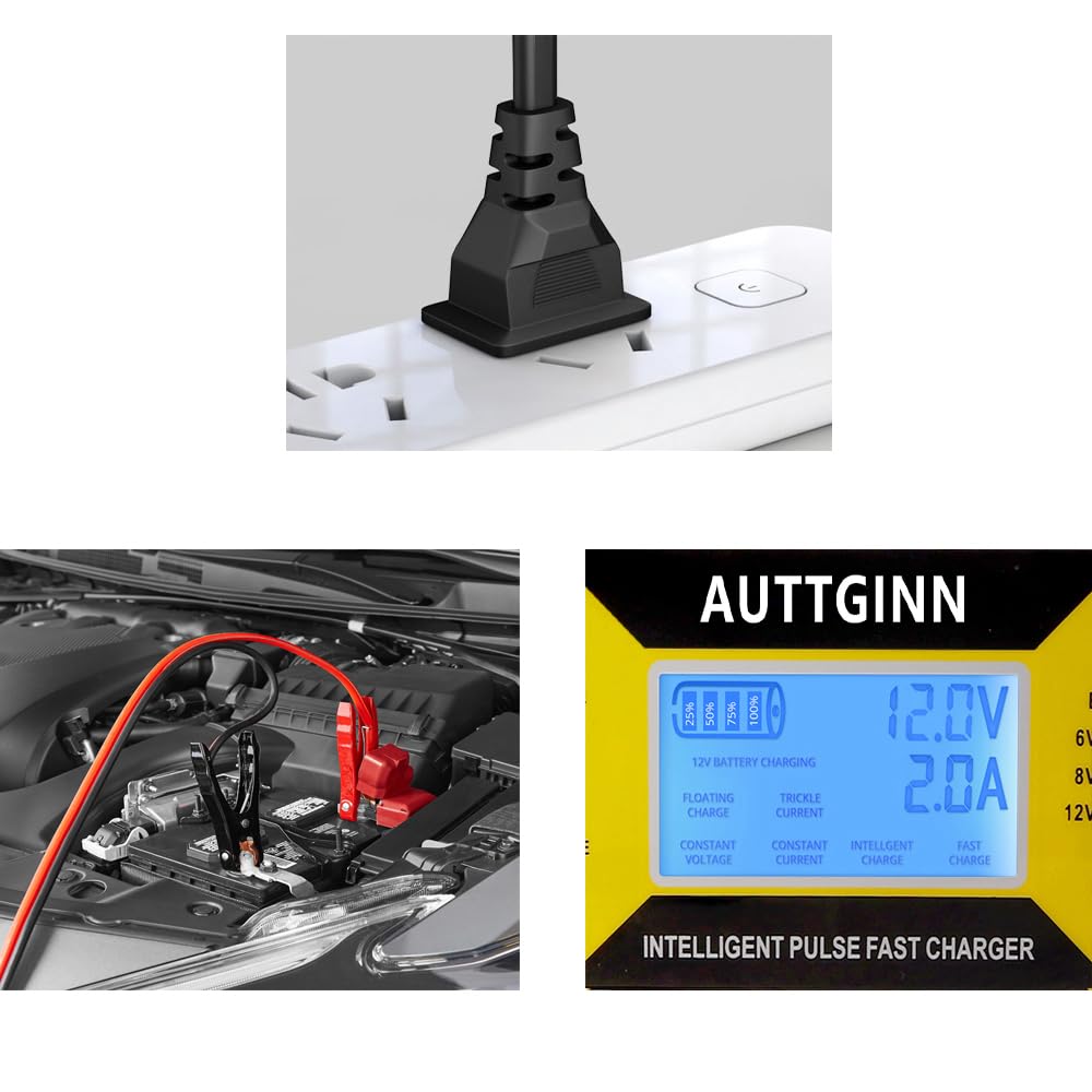 AUTTGINN charger connected to a car battery demonstrating quick and safe charging