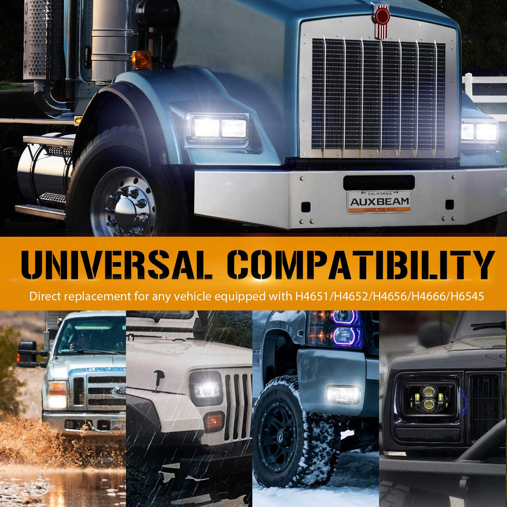 Auxbeam packaging and included parts with four headlamps ready for full-vehicle replacement benefit
