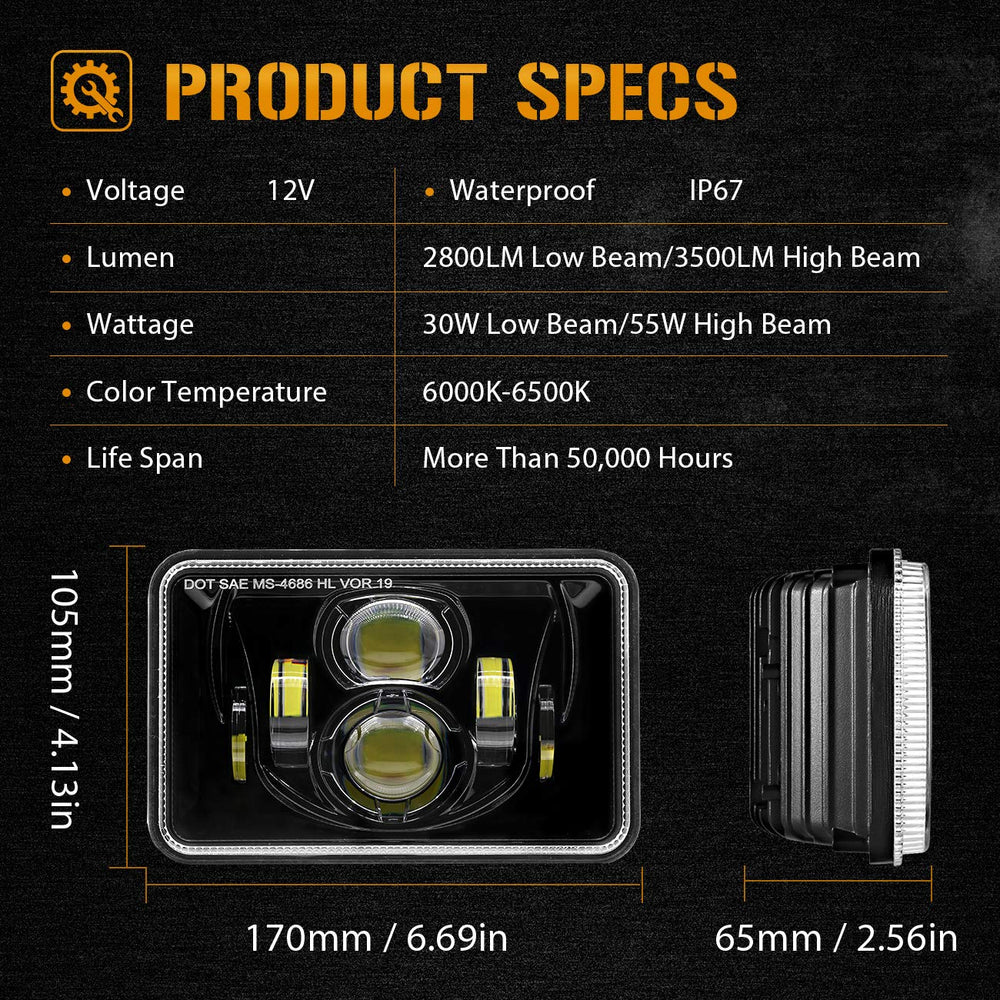 Auxbeam 4x6 headlight next to ruler showing compact dimensions and fitment clarity benefit