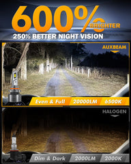 Auxbeam 9005 size comparison mounted beside halogen bulb showing easier installation