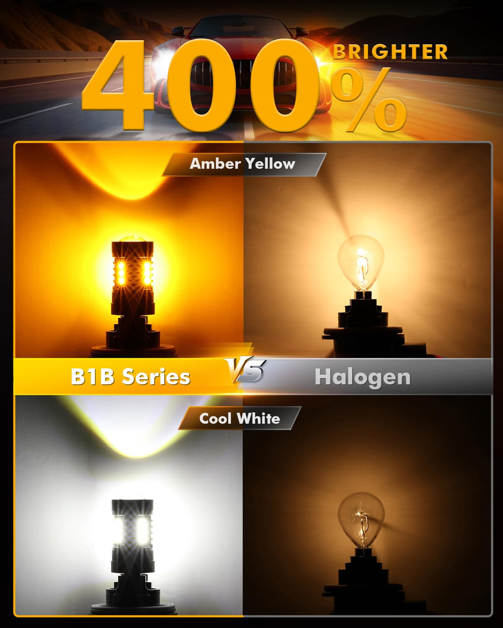 Auxbeam bulb lit white and amber demonstrating switchback dual-color function