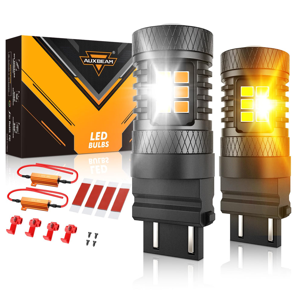 Auxbeam front view of bulb showing high-output LEDs and plug, increased visibility