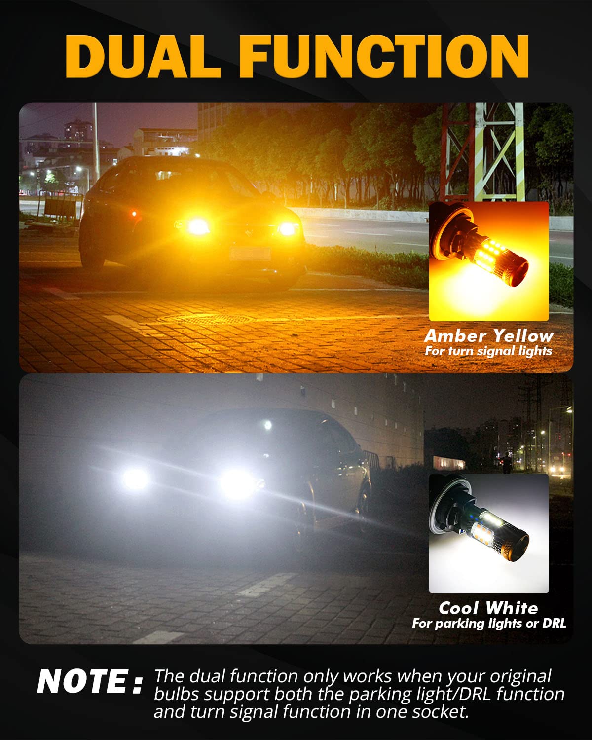 Auxbeam B21 white DRL and amber turn signal showing dual-color clarity