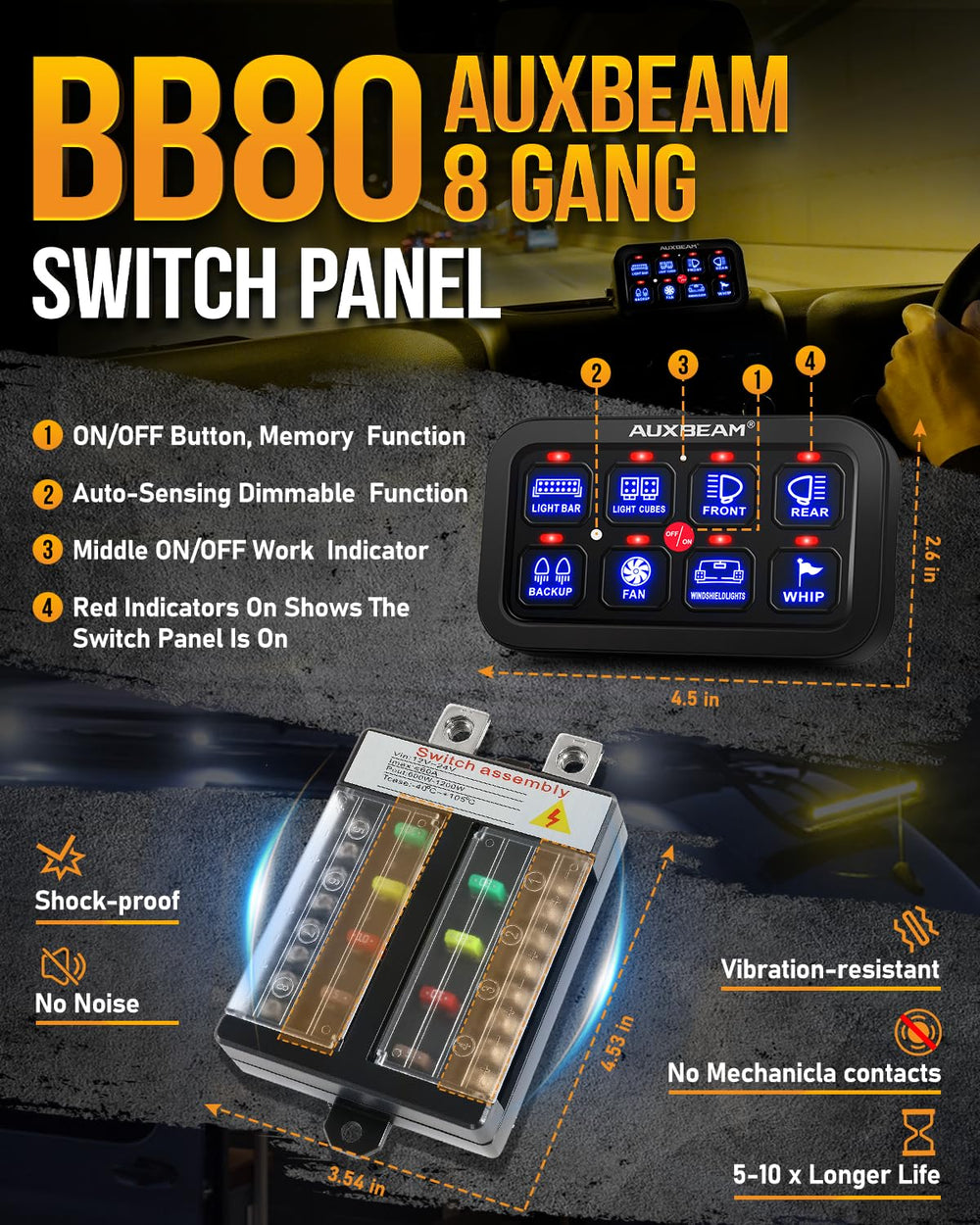 Auxbeam BB80 close-up of touch switches highlighting durable surface and quick access