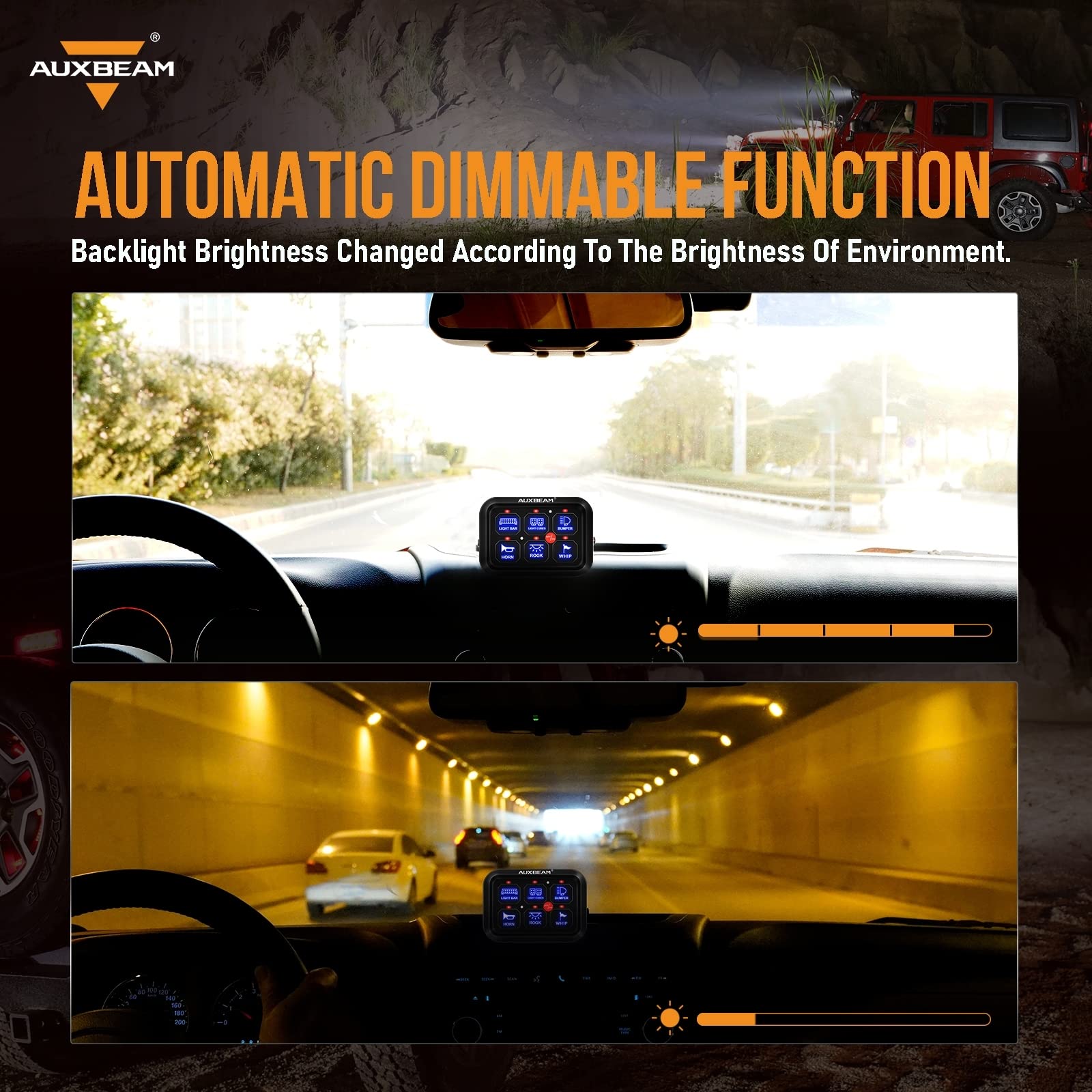 Auxbeam panel illuminated at night, automatic dimming reduces glare for safer driving