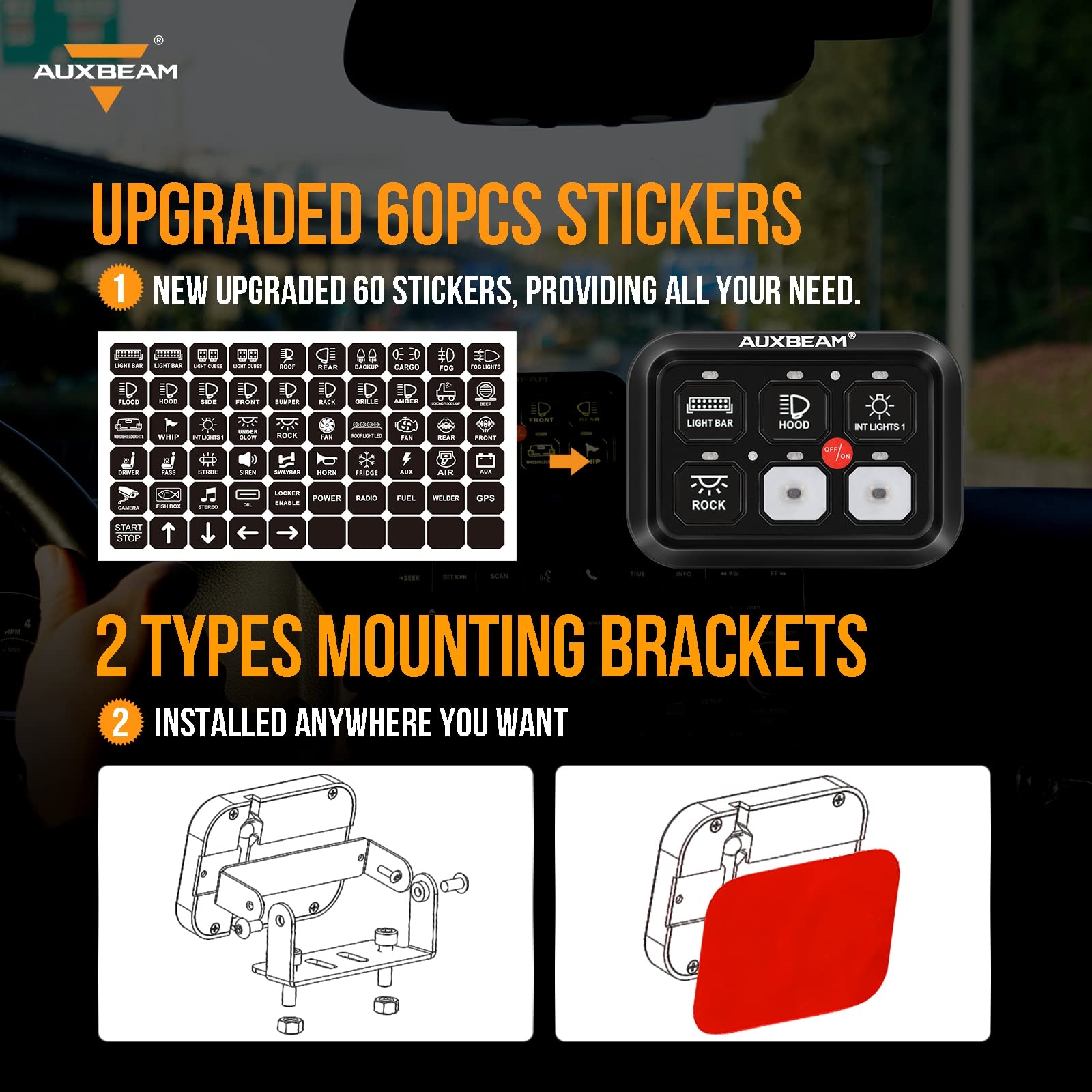 Auxbeam 60 sticker labels laid out, helping organize and identify each circuit