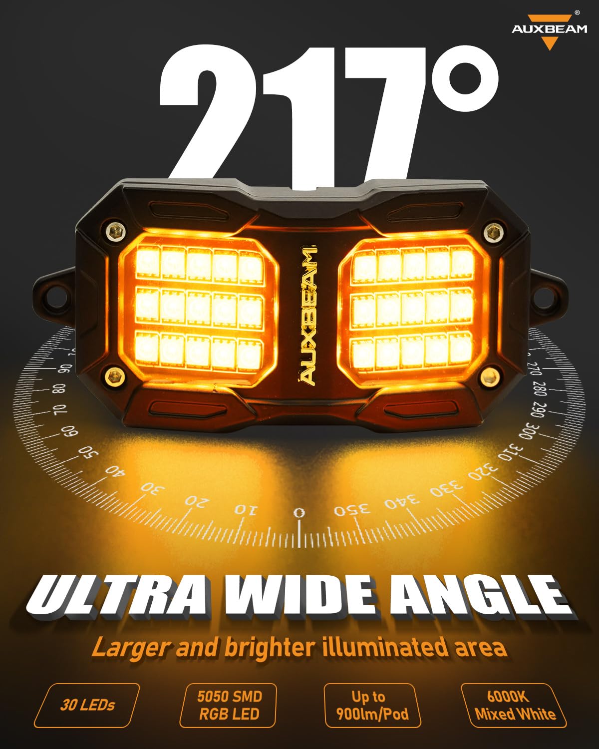 Auxbeam lights active in brake mode showing red warning for added safety