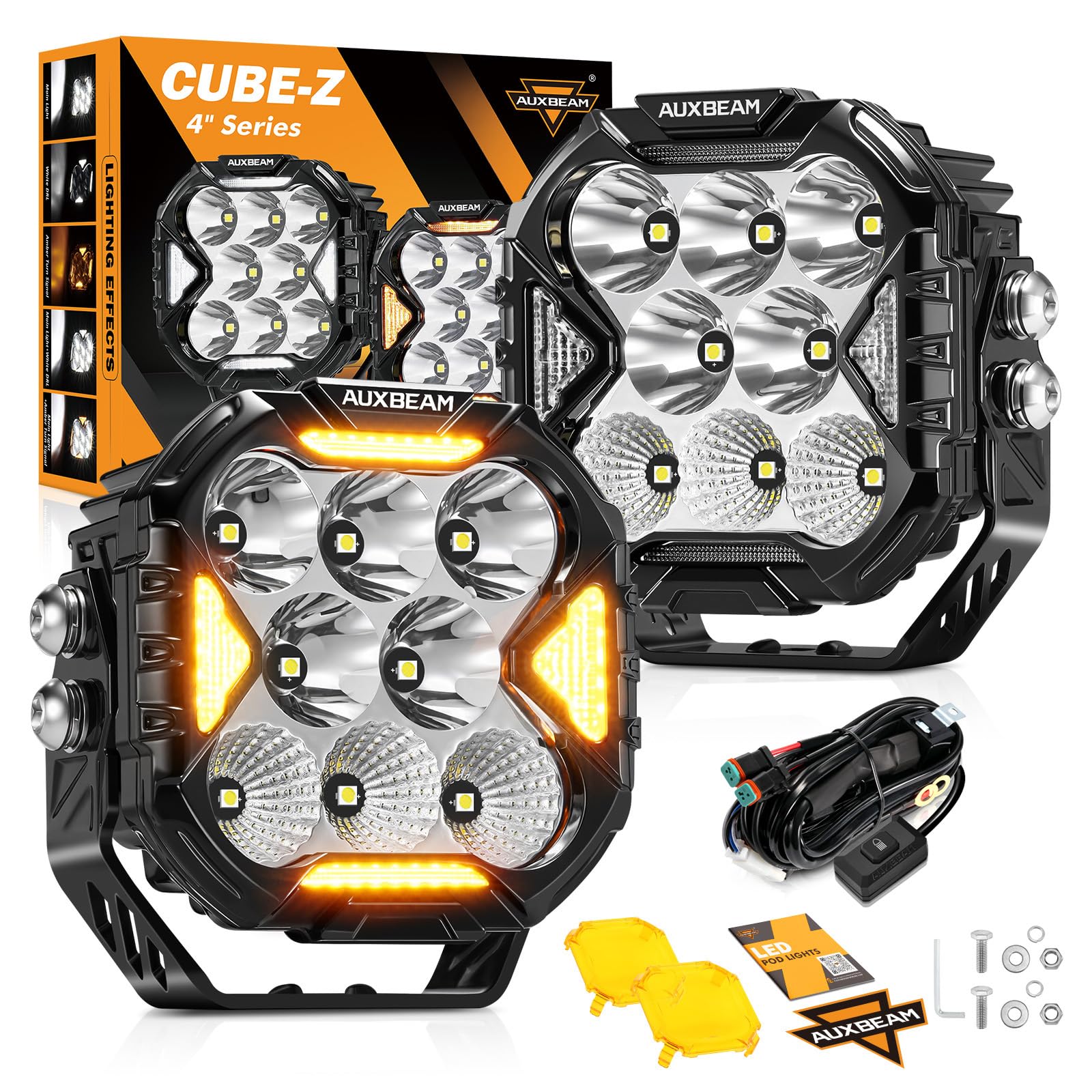 Auxbeam Cube-Z front view showing housing and lens, improves nighttime visibility