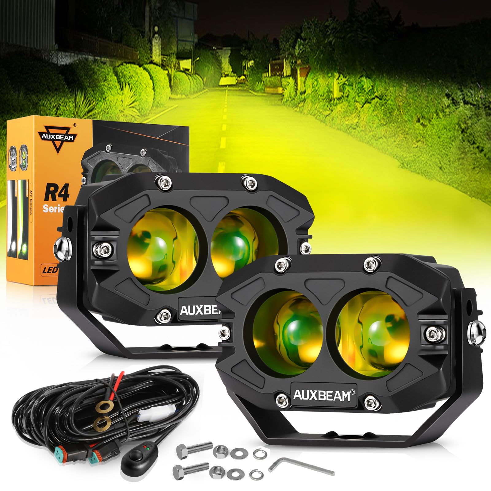 Auxbeam front view amber pod light showing focused beam benefit