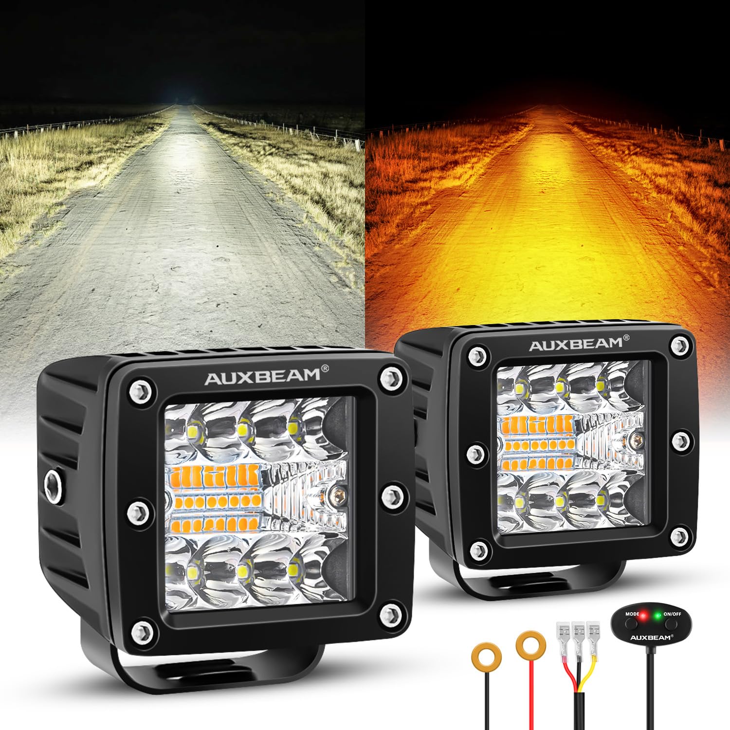 Auxbeam front view of dual LED cube pods showing compact, high-output lighting benefit