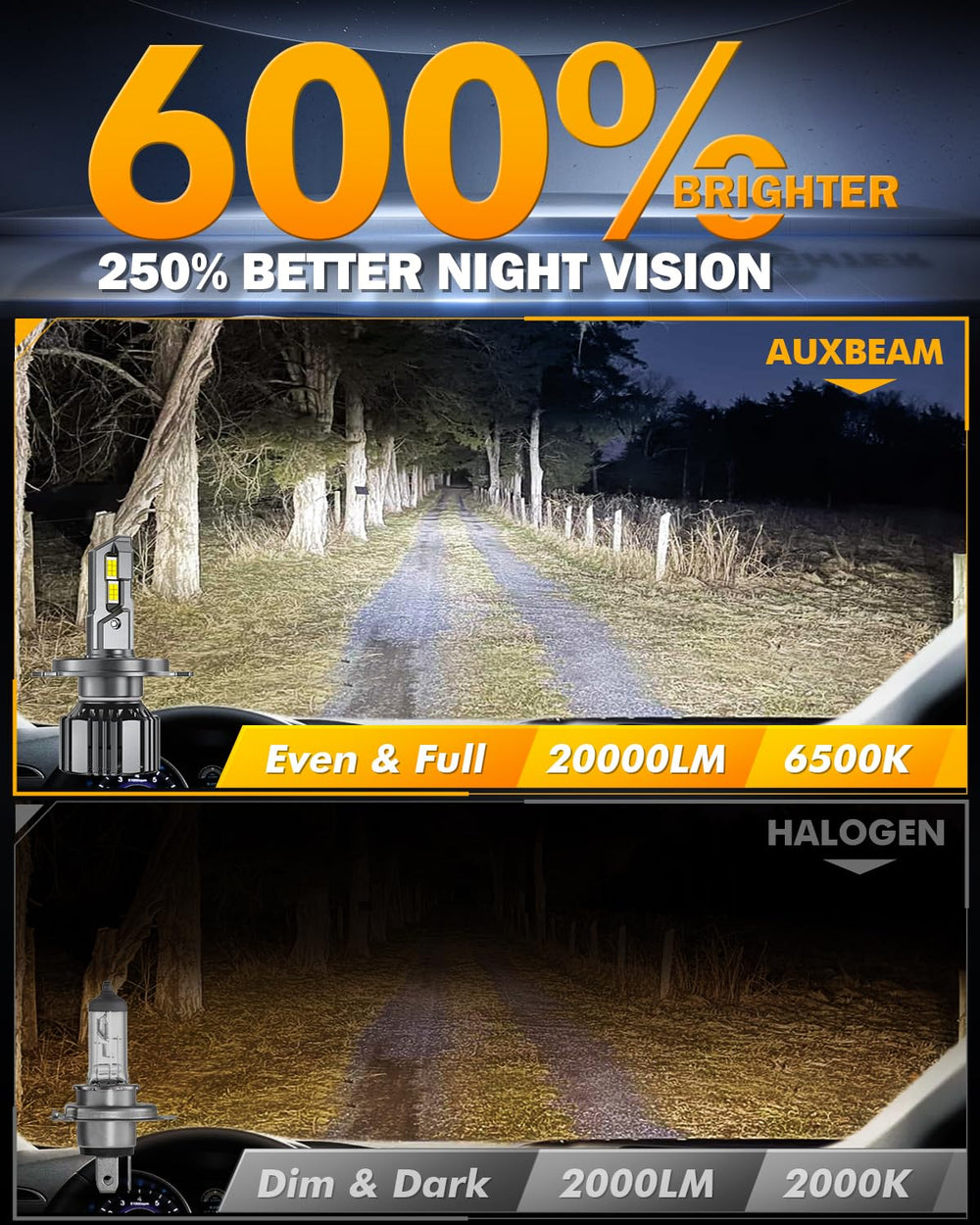 Auxbeam H4 beam pattern on wet road, provides clearer long-range visibility