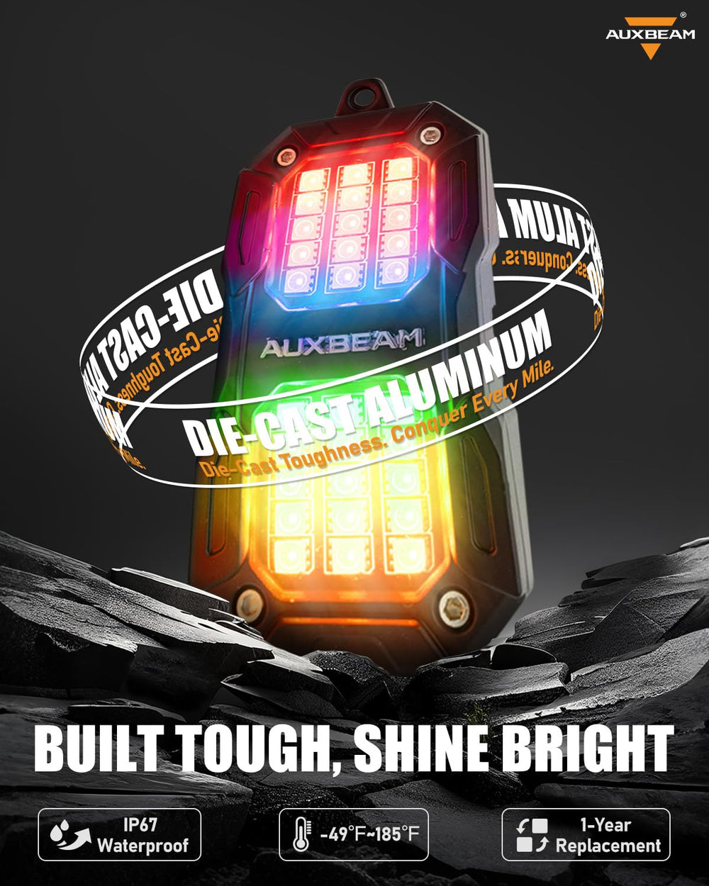 Auxbeam die-cast housing close-up showing rugged waterproof construction