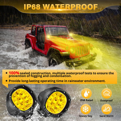 Auxbeam installed on a Jeep offroad, amber pods improving low-visibility trail view