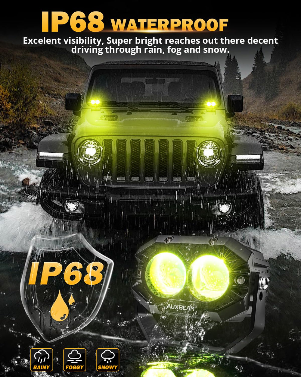 Auxbeam pod under water droplets showing IP68 waterproof protection