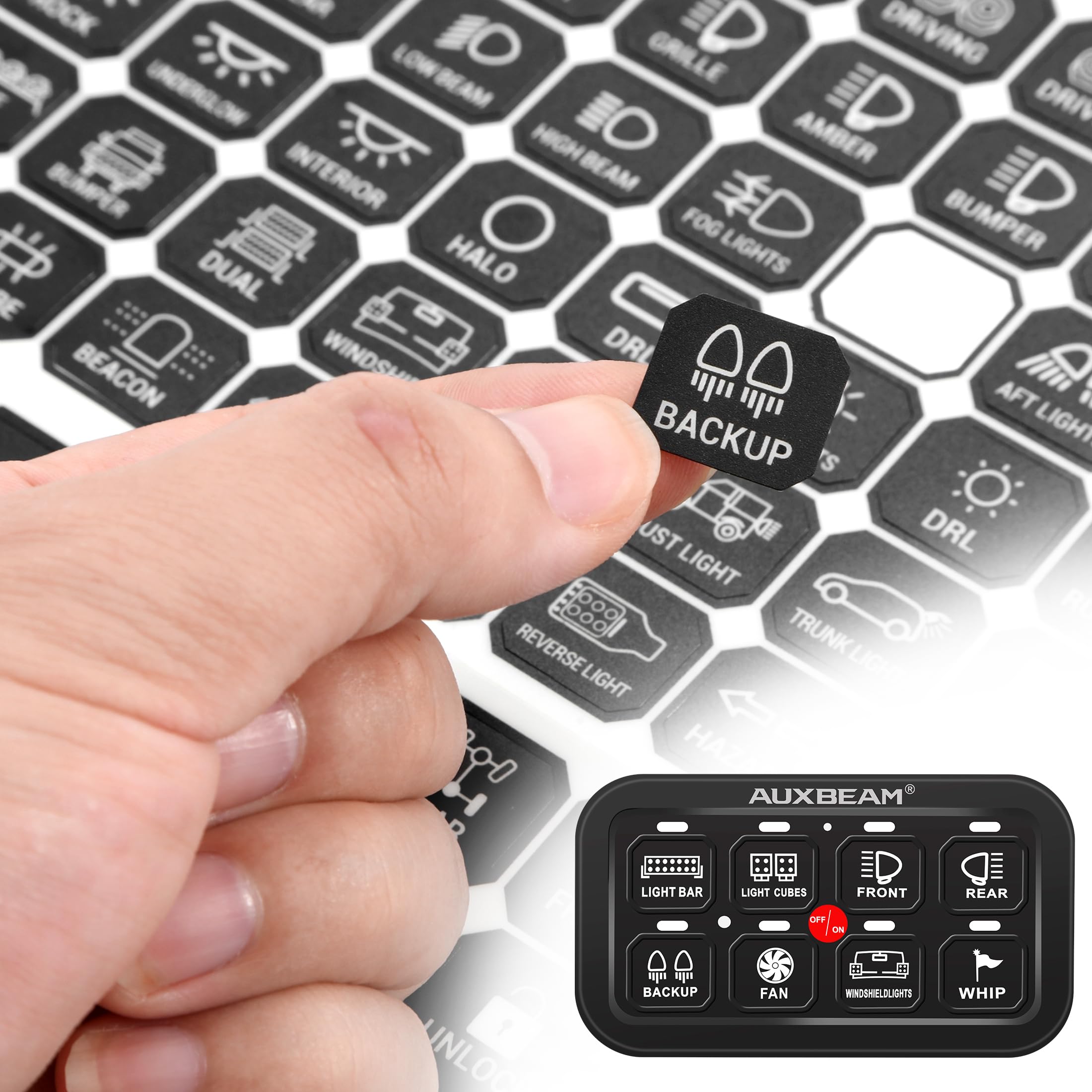Auxbeam lifestyle offroad dashboard showing organized switches for quick control