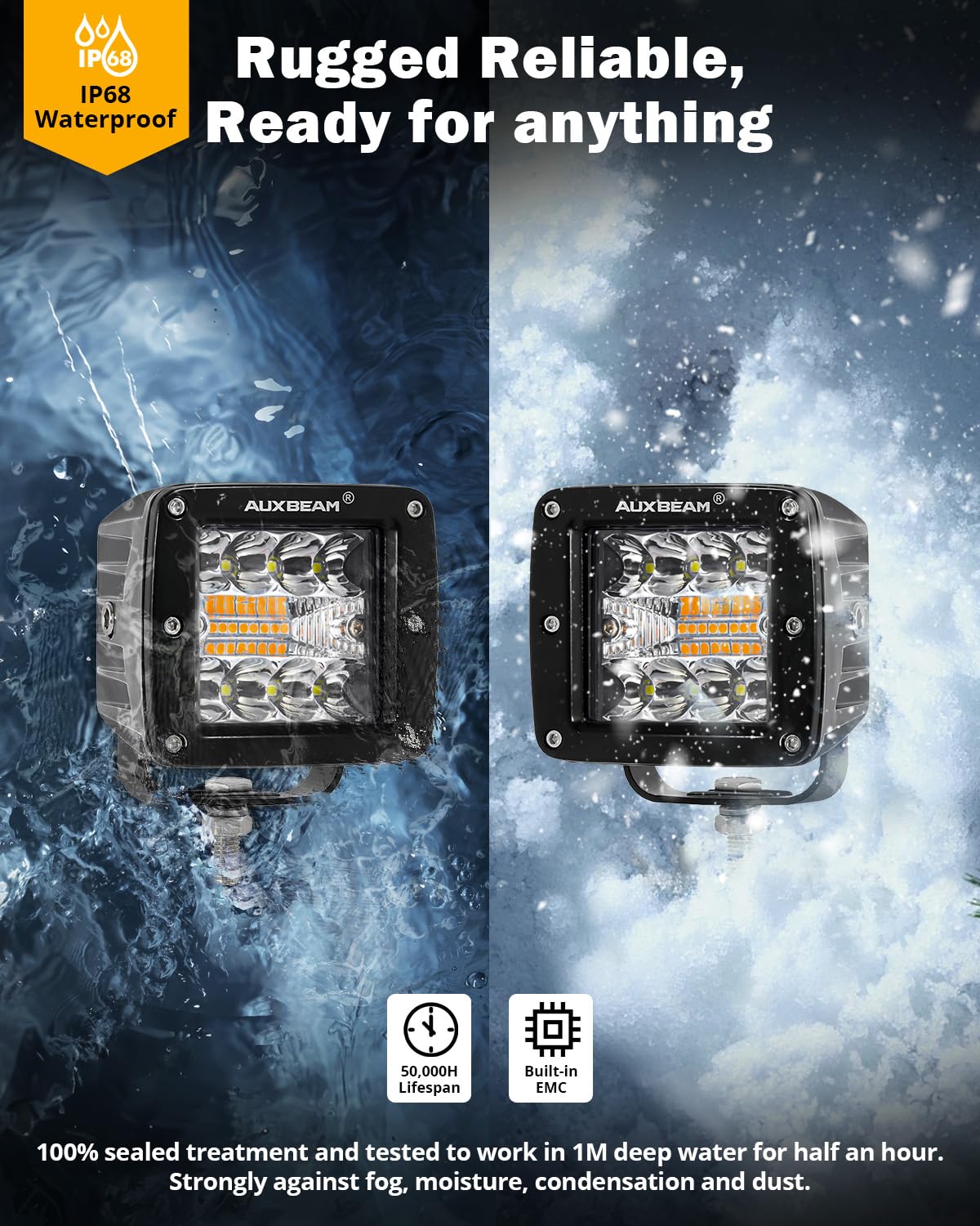 Auxbeam mounted on Jeep bumper at night improving off-road visibility and safety