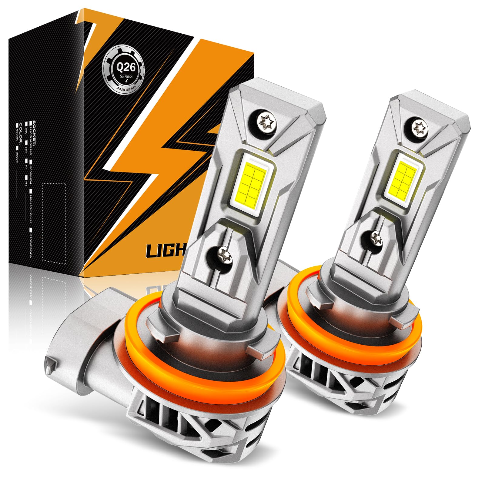 Auxbeam Q26 front view showing compact LED assembly and plug benefits