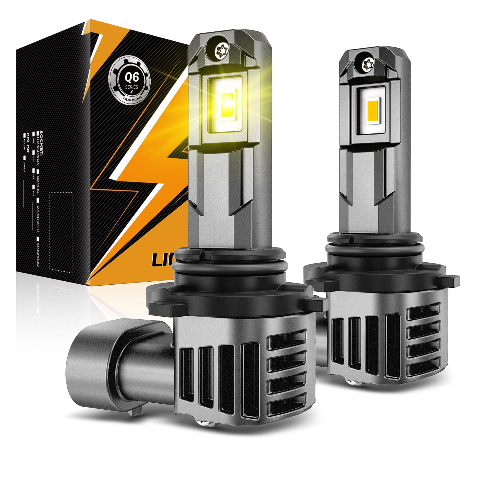 Auxbeam Q6 9006 front view showing lens and bright output benefit