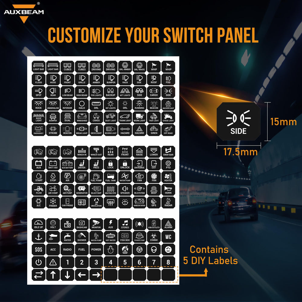 Auxbeam sticker applied on vehicle switch demonstrating secure adhesion and readability