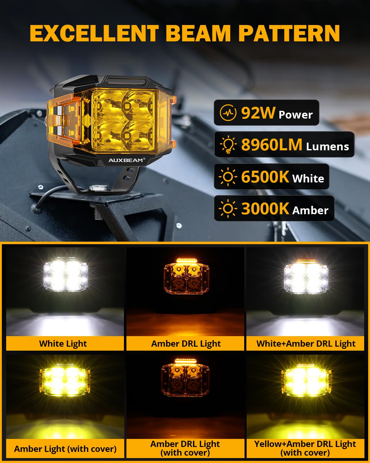 Auxbeam V-MAX amber DRL lit on vehicle improving visibility benefit in poor conditions