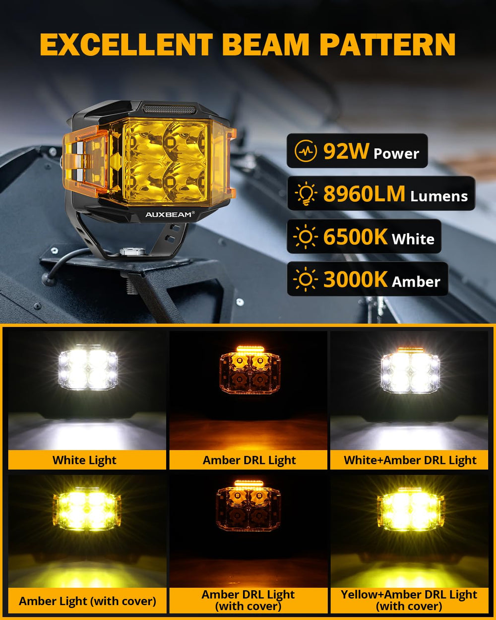 Auxbeam V-MAX amber DRL lit on vehicle improving visibility benefit in poor conditions