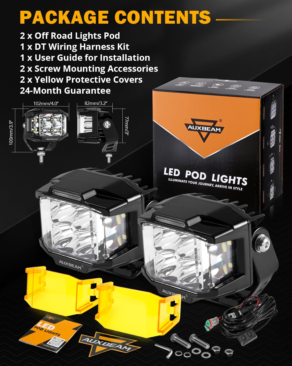 Auxbeam V-MAX packaging contents laid out showing all included parts and warranty benefit
