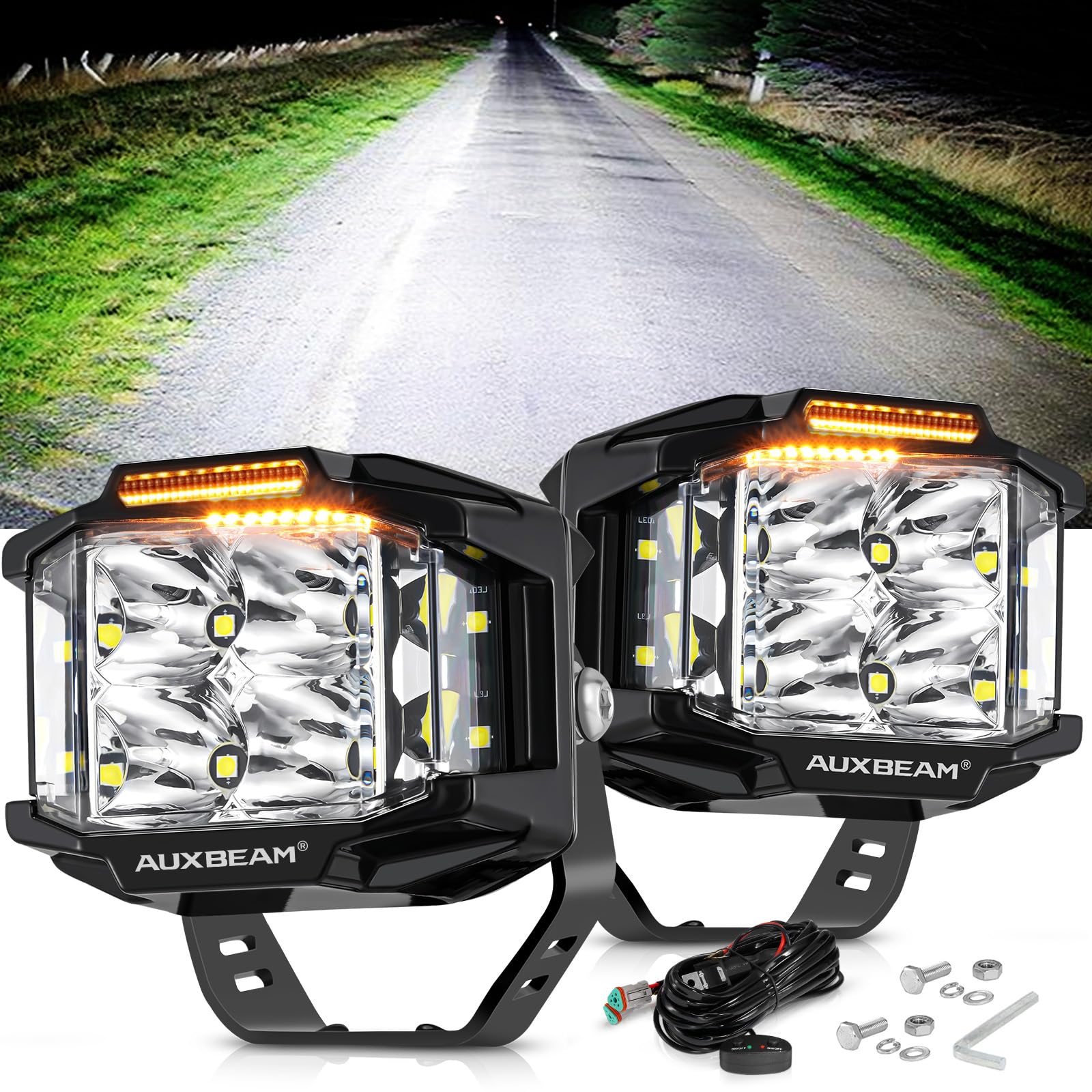 Auxbeam V-MAX side shooter close-up highlighting 270° flood coverage