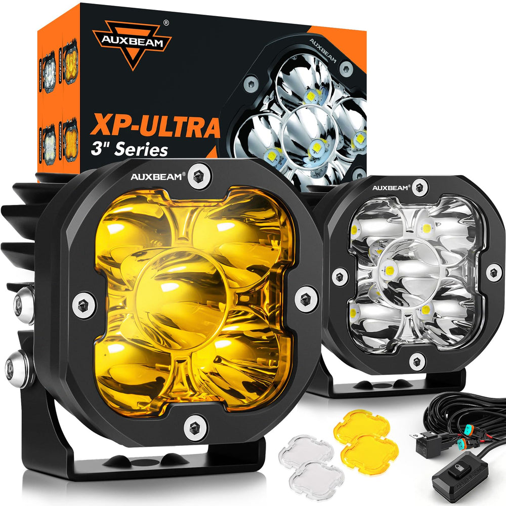 Auxbeam XP-Ultra front view showing compact hyperspot design and focused beam benefit