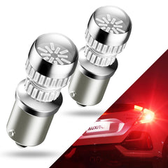 AUXITO 1156 front packaging showing red LED bulbs and fitment information, enhances visibility