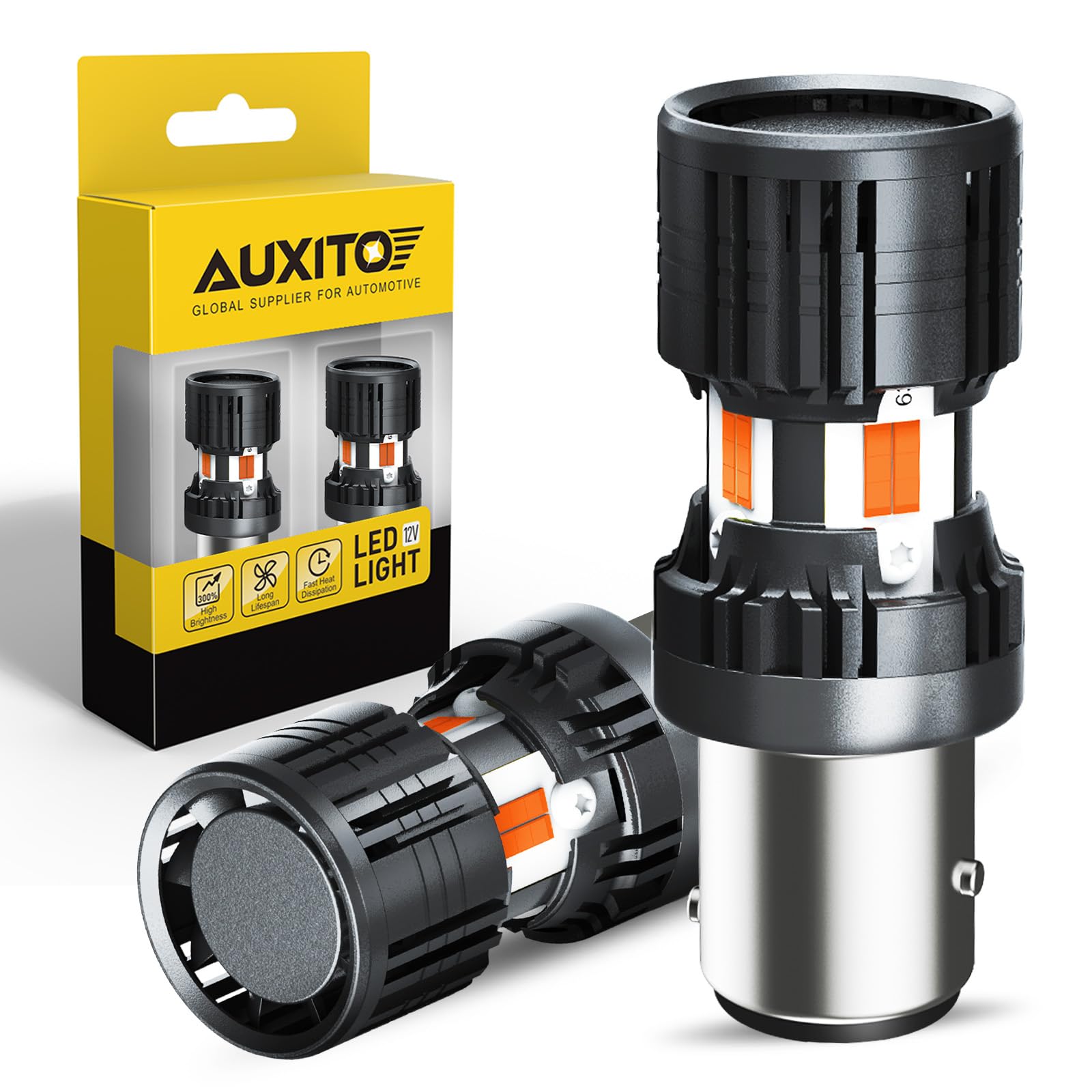 AUXITO front view of packaged 1157 amber LED bulbs showing product and benefits