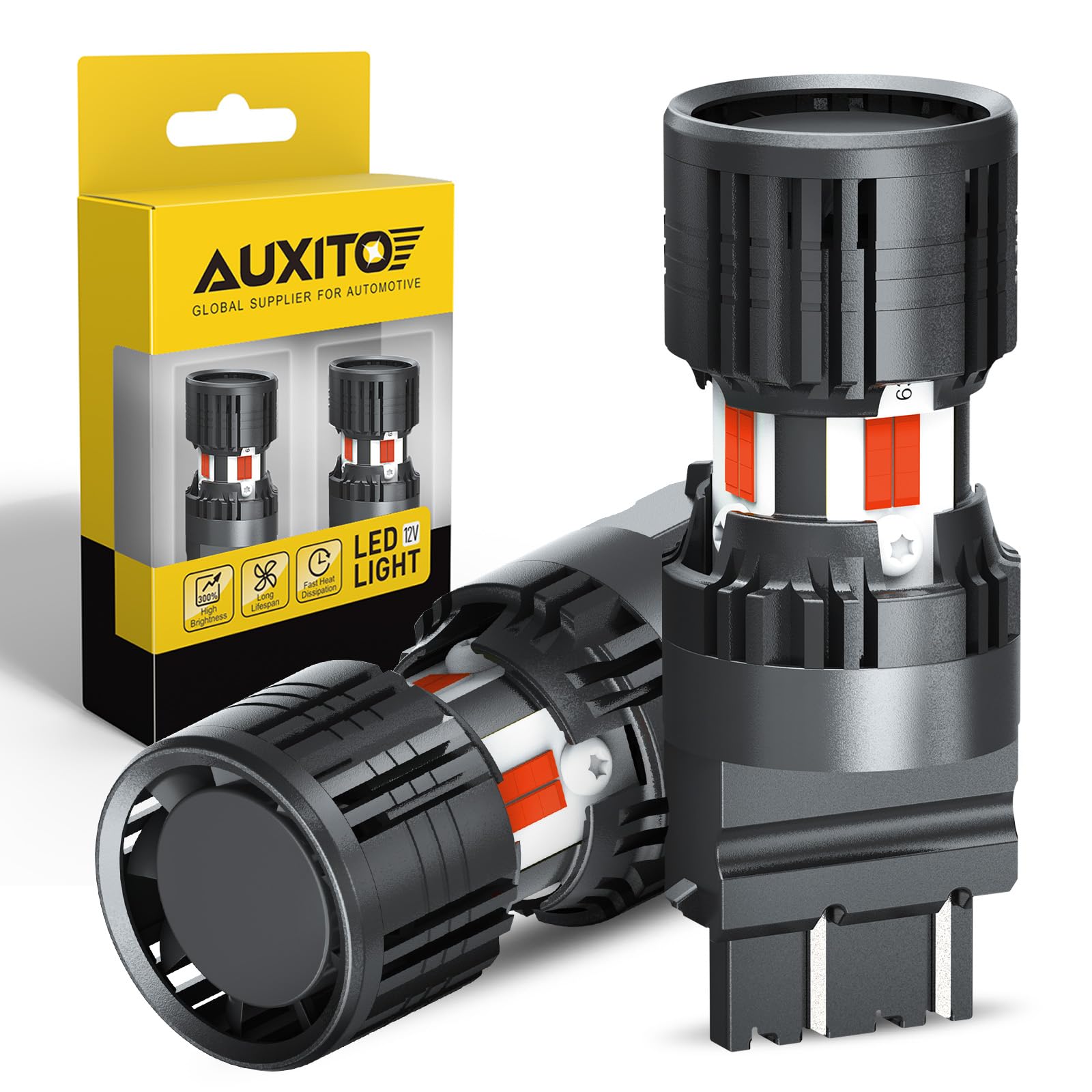 AUXITO red 3157 front packaging showing pair and plug-and-play benefit