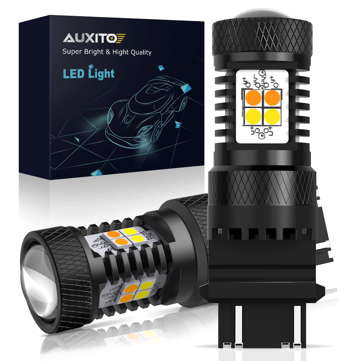AUXITO bulb front packaging showing product and compatibility, improves upgrade confidence