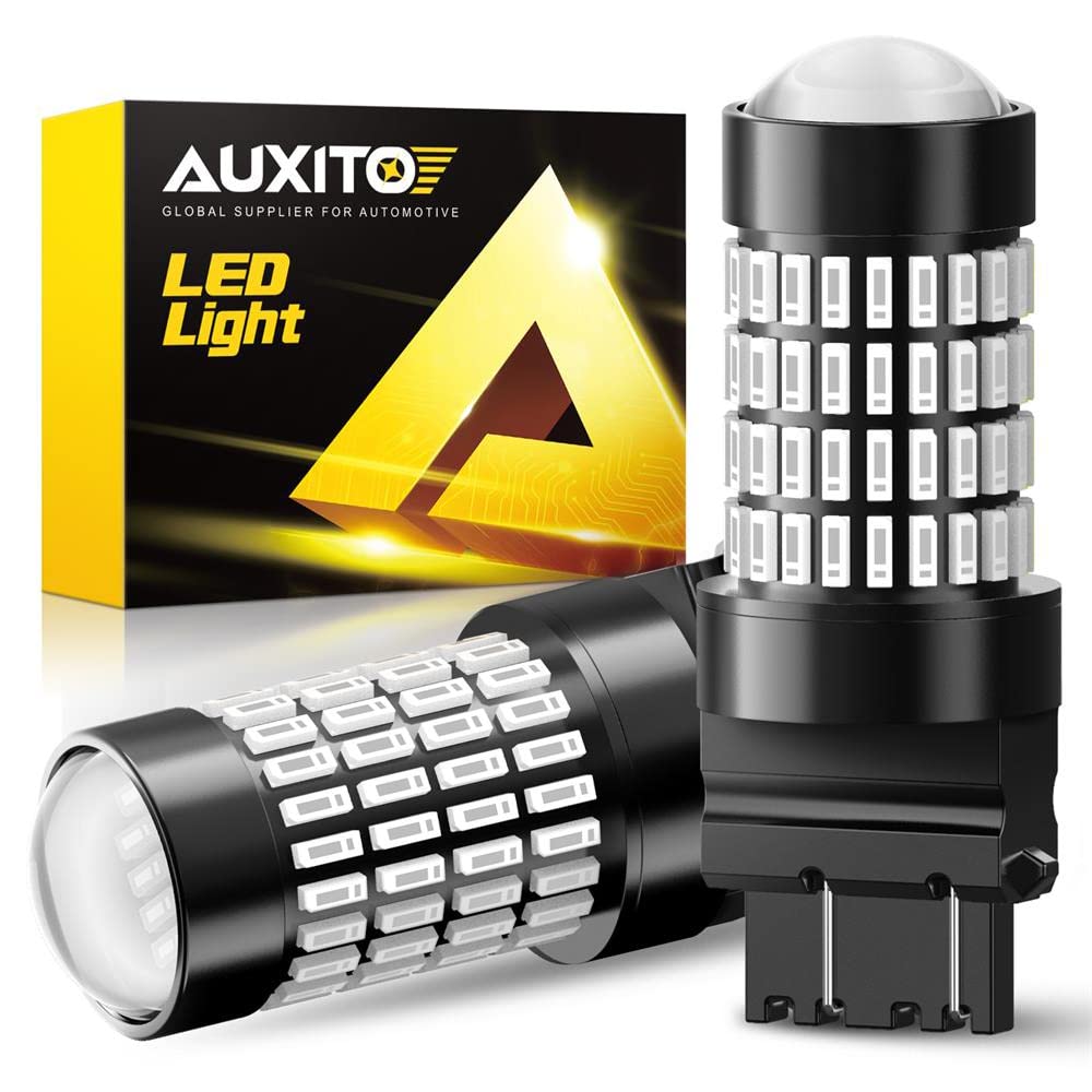 AUXITO front view of 3157 red LED bulb showing bright lens and benefits