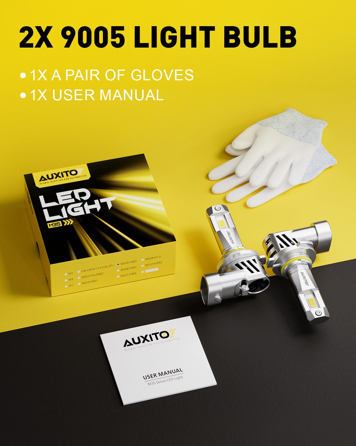 AUXITO 9005 accessories including gloves and manual showing user-ready convenience