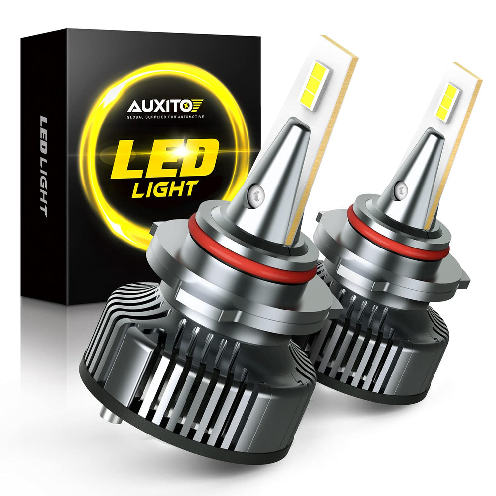 AUXITO 9005 front packaging showing pack of two, quick fit benefit