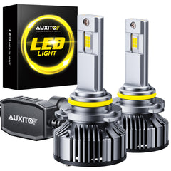 AUXITO 9005 front view showing compact plug-and-play packaging and quick upgrade benefit