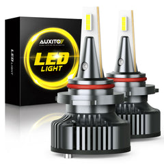 AUXITO front view of 9005 bulbs showing compact plug-and-play design and brighter output