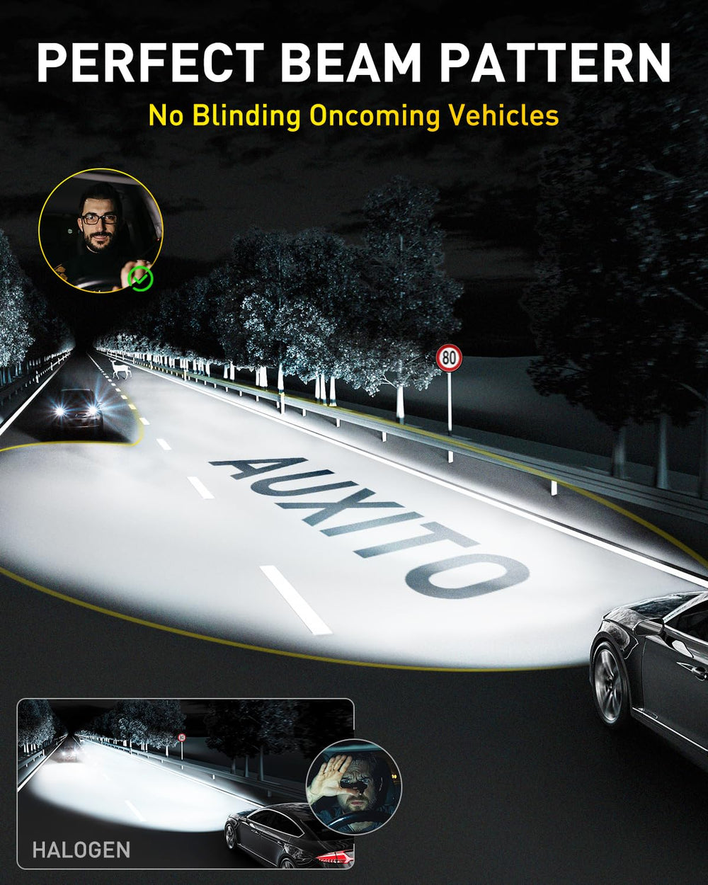 AUXITO bulb installed in headlight housing offering quick plug-and-play benefit