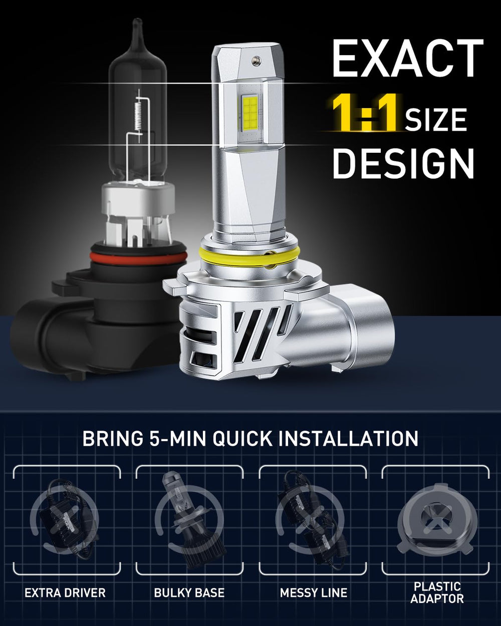 AUXITO 9005 next to halogen bulb showing identical size and easy fitment