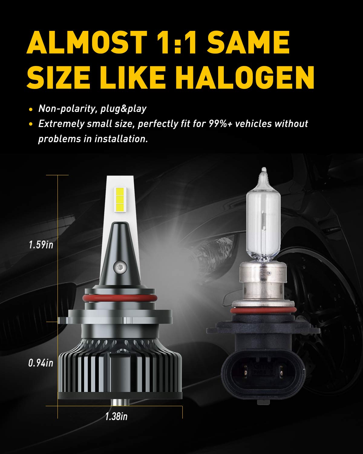 AUXITO 9005 beside stock halogen bulb showing mini size advantage
