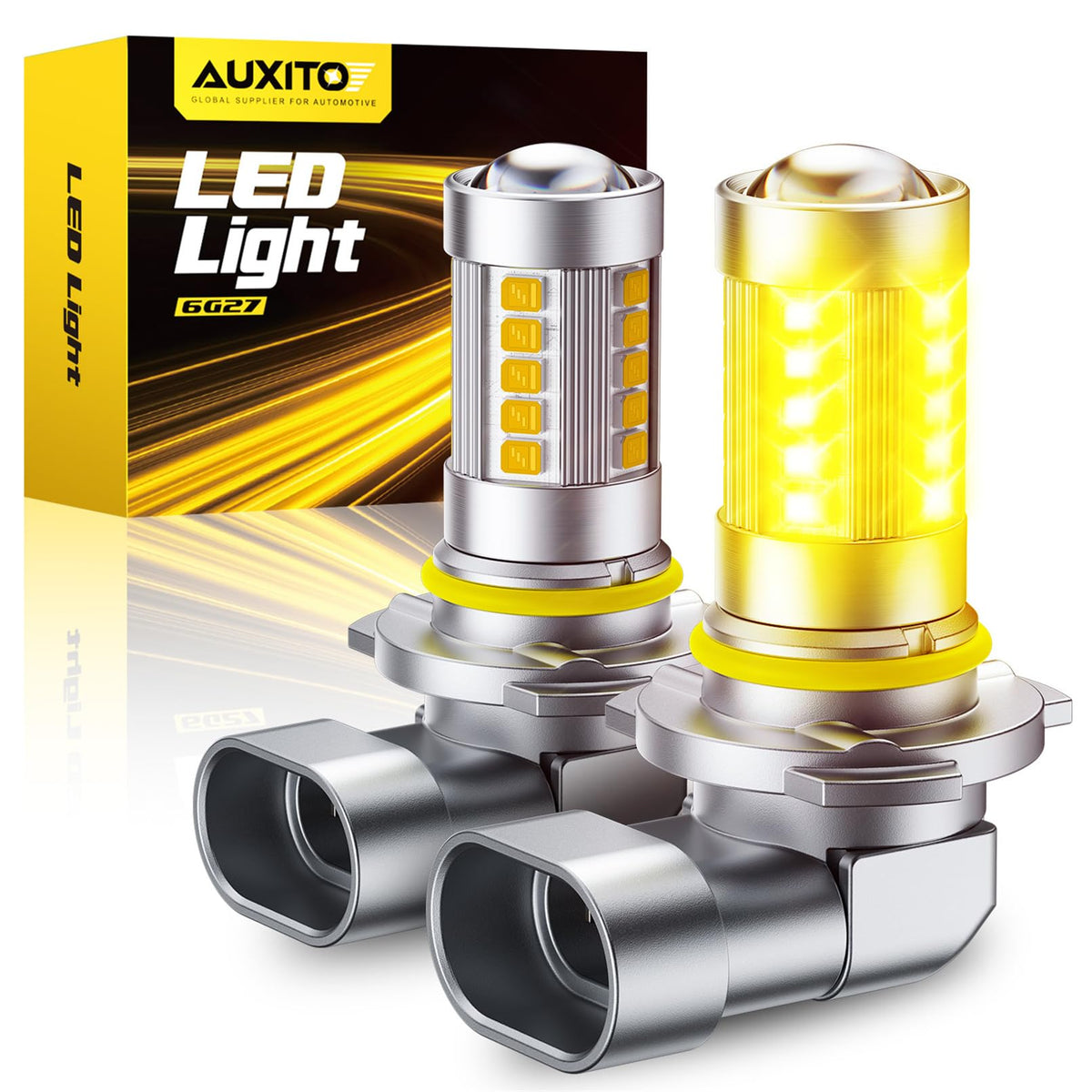AUXITO 9006 front view showing amber bulbs and instant visibility benefit