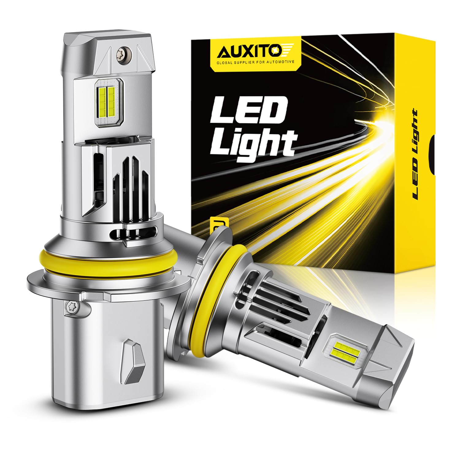 AUXITO 9007 front view showing compact plug-and-play design and brighter light