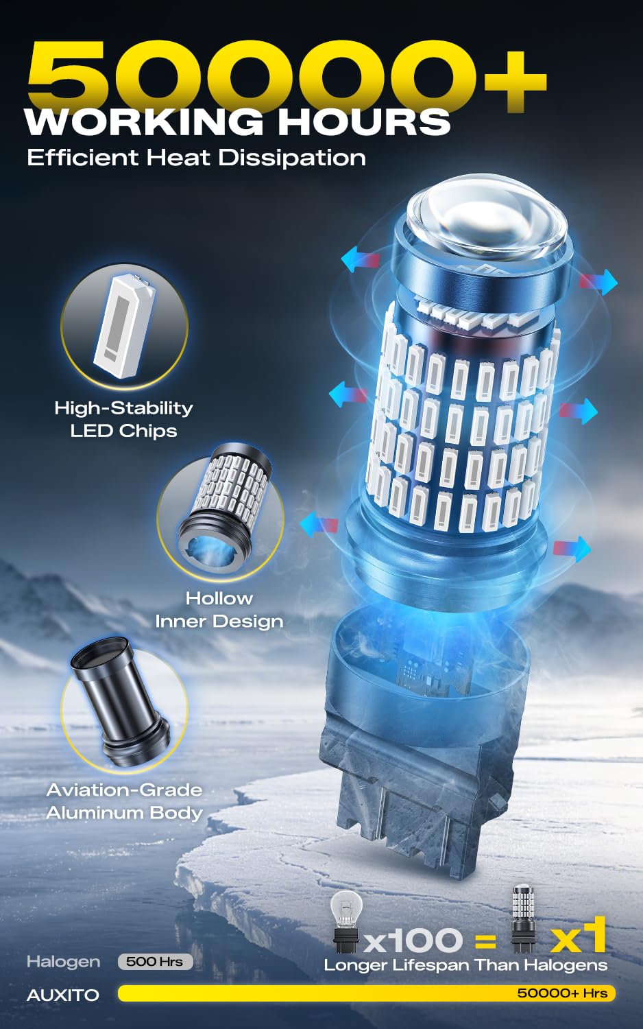 AUXITO retail pack and contents showing two bulbs and simple accessories