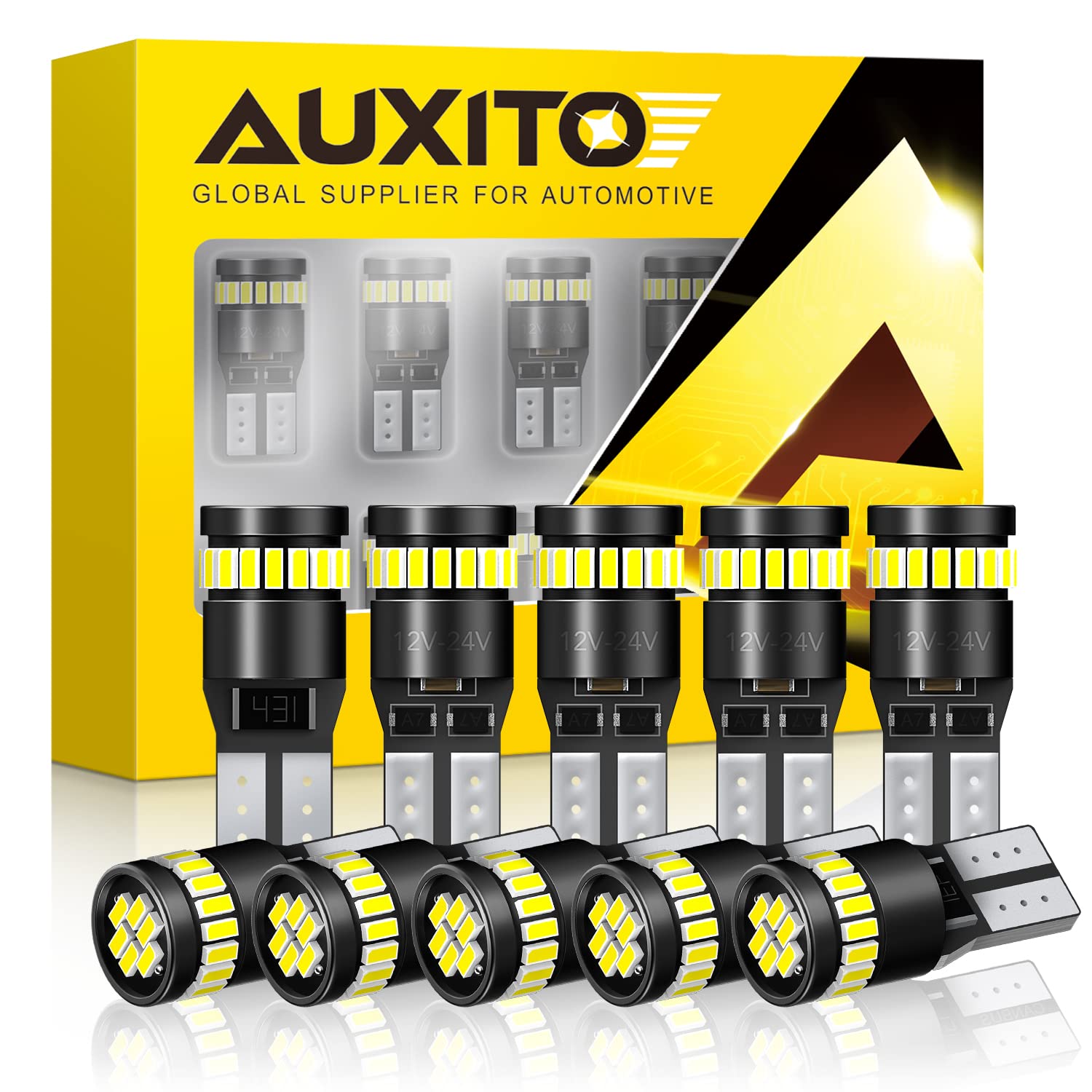 AUXITO front packaging showing pack of ten bulbs and benefits