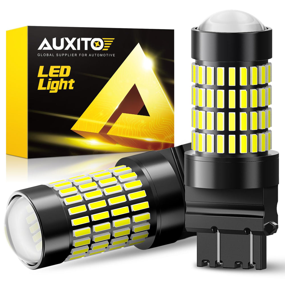 AUXITO front packaging showing the dual 3157 LED bulbs and benefits
